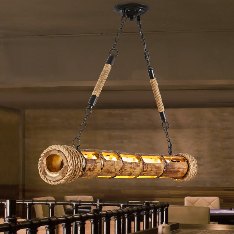 Bamboo Pole LED Suspension Light Fixture Lodge Style Dining Room Island Lamp in Wood