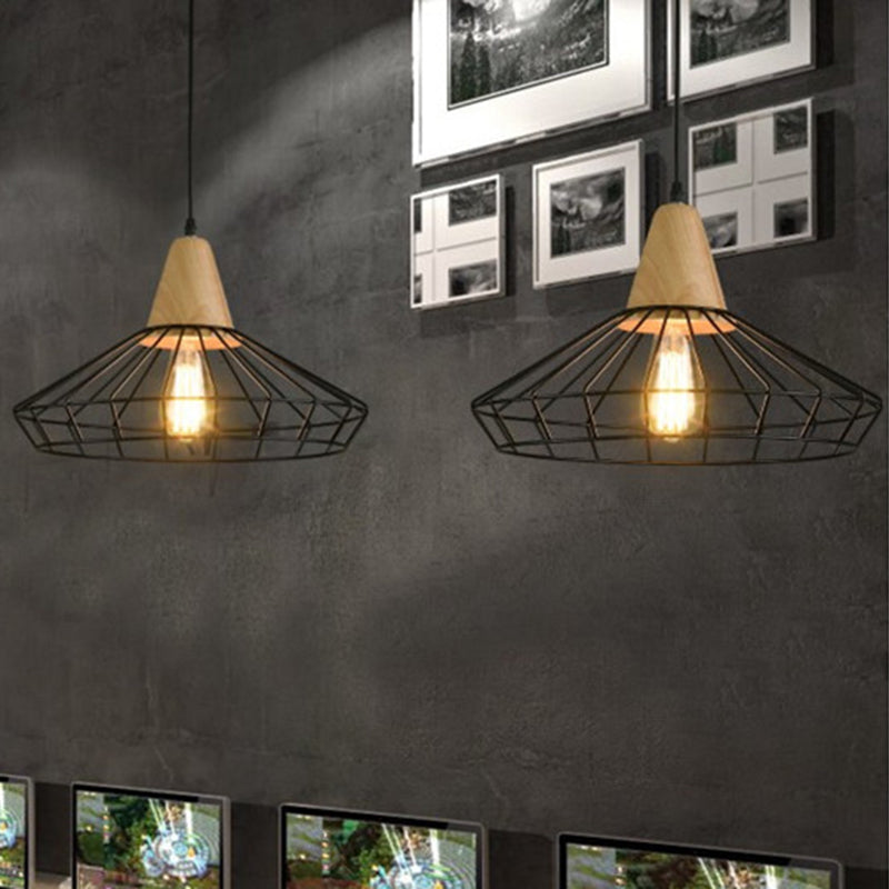 Lampada sospesa in gabbia a 1 luce Rustico in metallo in metallo illuminazione a sospensione commerciale con presa in legno