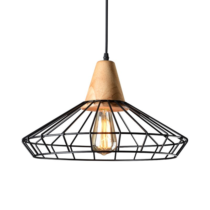 Lampada sospesa in gabbia a 1 luce Rustico in metallo in metallo illuminazione a sospensione commerciale con presa in legno
