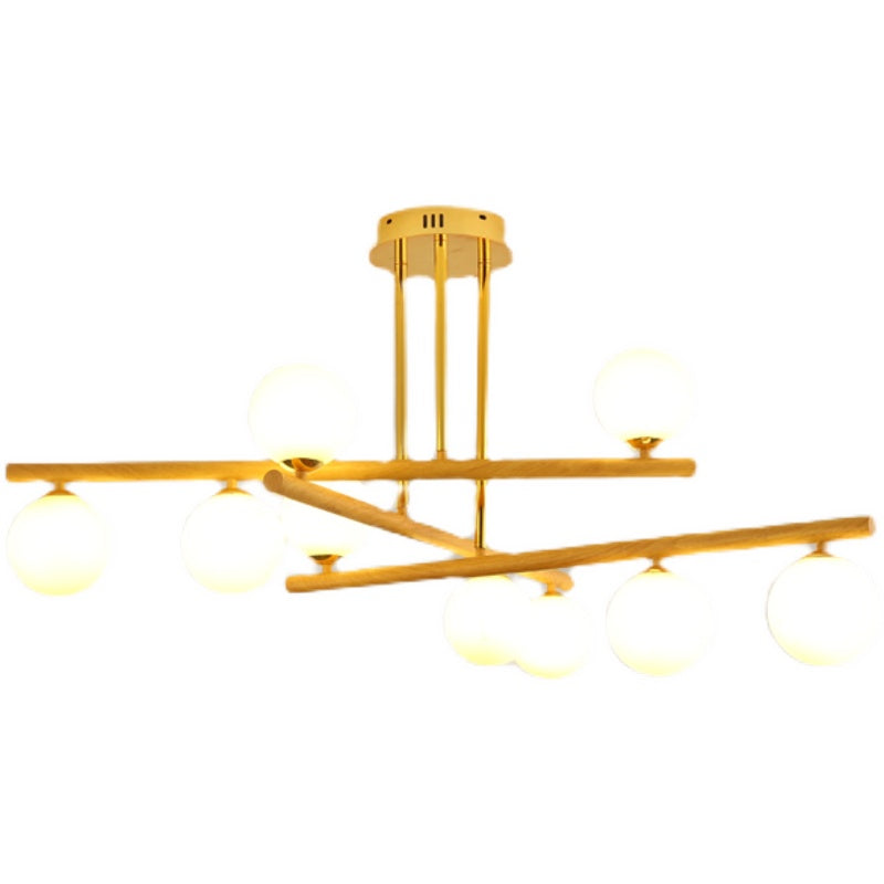 Lampadario sferico in legno leggero minimalista con tonalità di vetro opalina per camera da letto