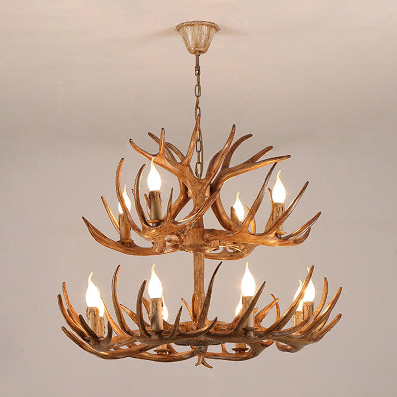 Resin Candle Suspension Light Country Style Restaurant Chandelier with Antler Deco