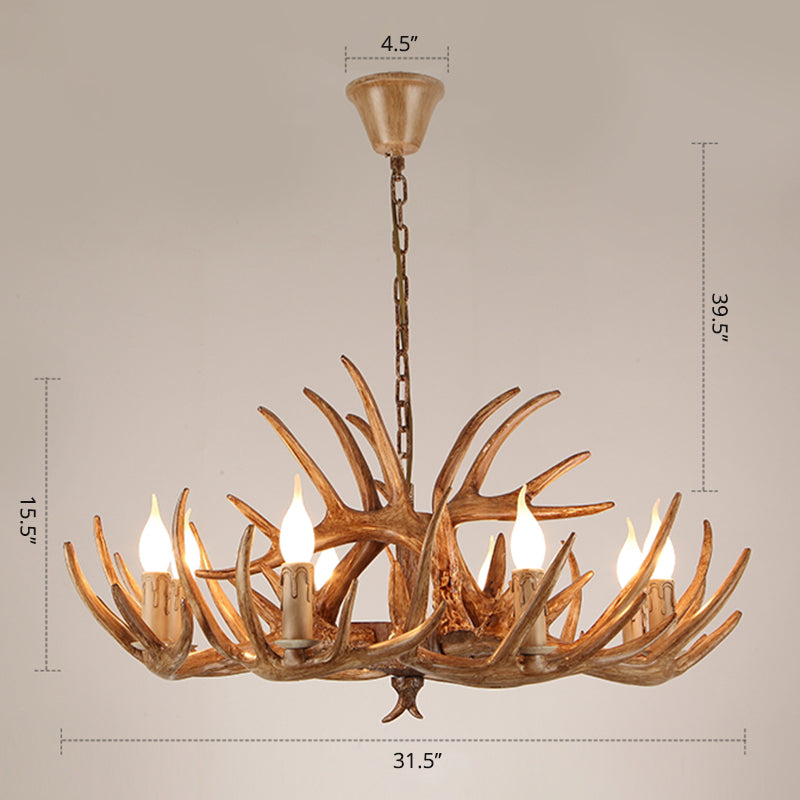 Resin Candle Suspension Light Country Style Restaurant Chandelier with Antler Deco