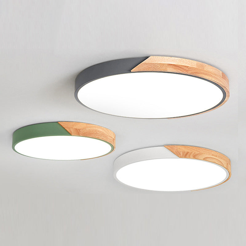 Macaron Ceiling Lighting Round LED Flush Mounted Lamp with Acrylic Shade and Wood Decoration
