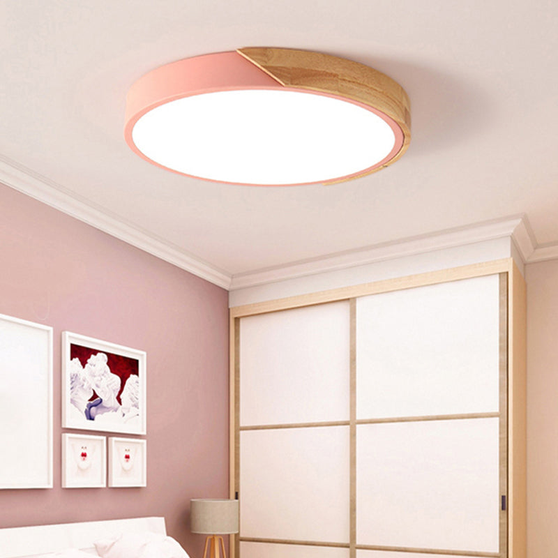 Macaron Ceiling Lighting Round LED Flush Mounted Lamp with Acrylic Shade and Wood Decoration