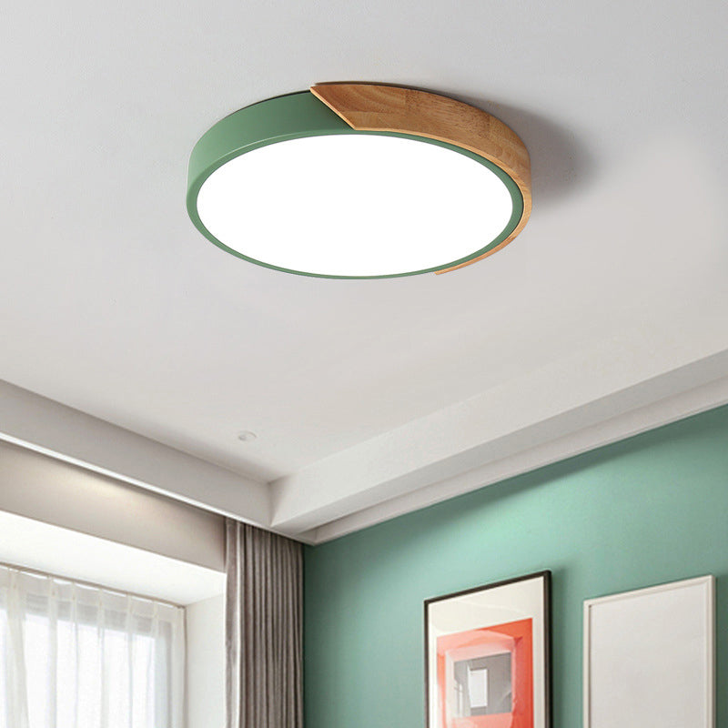 Macaron Ceiling Lighting Round LED Flush Mounted Lamp with Acrylic Shade and Wood Decoration