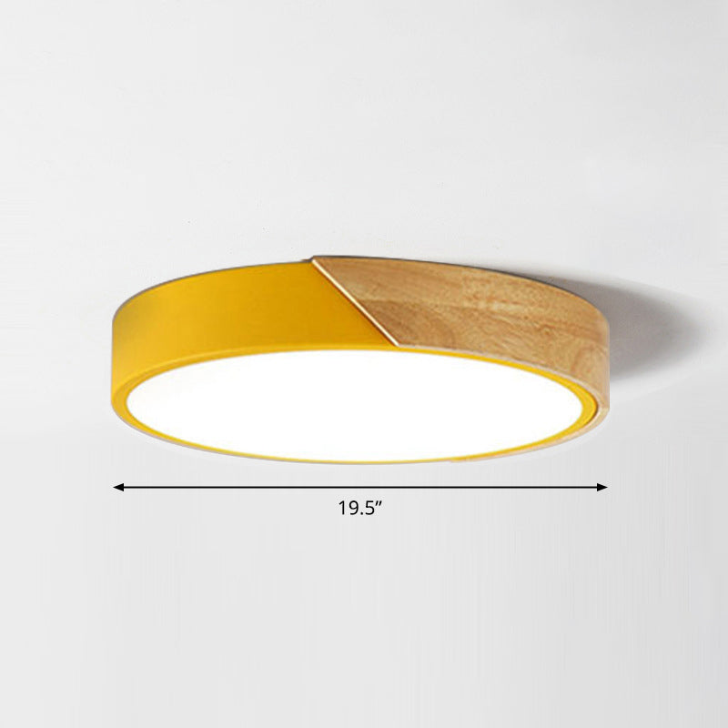 Macaron Ceiling Lighting Round LED Flush Mounted Lamp with Acrylic Shade and Wood Decoration