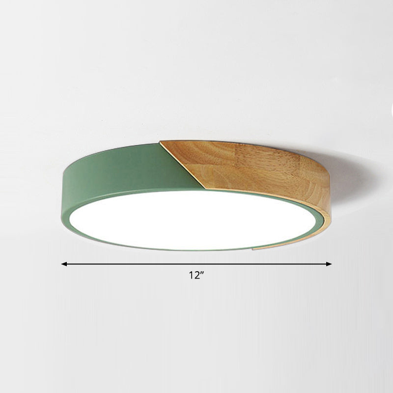 Macaron Ceiling Lighting Round LED Flush Mounted Lamp with Acrylic Shade and Wood Decoration