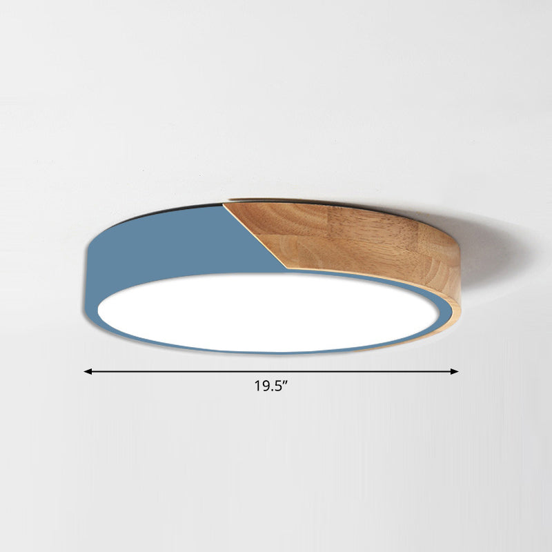 Macaron Ceiling Lighting Round LED Flush Mounted Lamp with Acrylic Shade and Wood Decoration