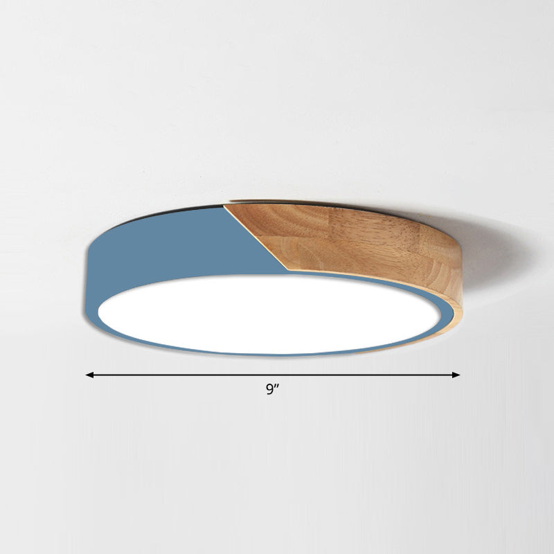 Macaron Ceiling Lighting Round LED Flush Mounted Lamp with Acrylic Shade and Wood Decoration