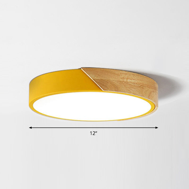Macaron Ceiling Lighting Round LED Flush Mounted Lamp with Acrylic Shade and Wood Decoration