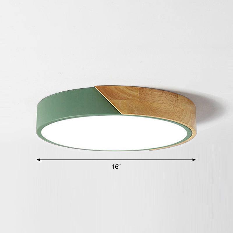 Macaron Ceiling Lighting Round LED Flush Mounted Lamp with Acrylic Shade and Wood Decoration
