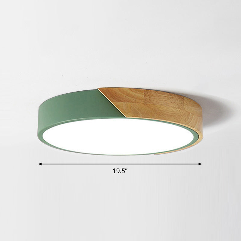 Macaron Ceiling Lighting Round LED Flush Mounted Lamp with Acrylic Shade and Wood Decoration