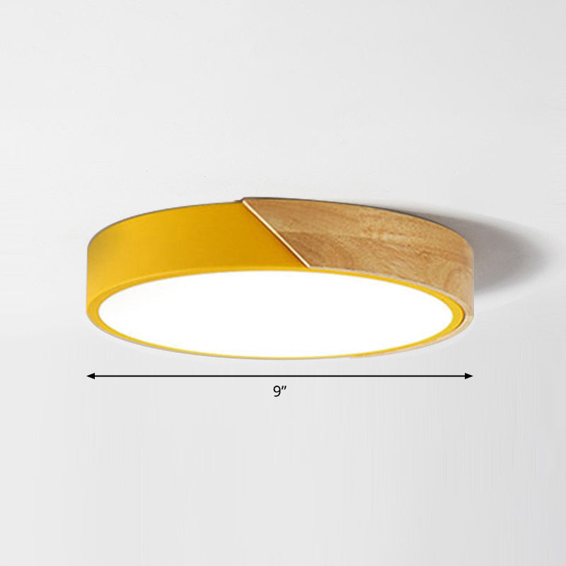 Macaron Ceiling Lighting Round LED Flush Mounted Lamp with Acrylic Shade and Wood Decoration