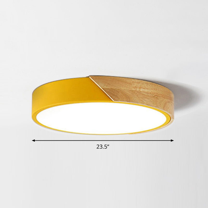 Macaron Ceiling Lighting Round LED Flush Mounted Lamp with Acrylic Shade and Wood Decoration