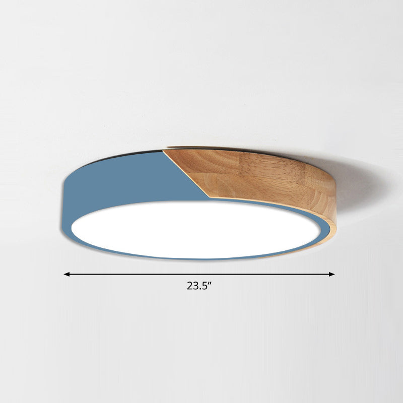 Macaron Ceiling Lighting Round LED Flush Mounted Lamp with Acrylic Shade and Wood Decoration