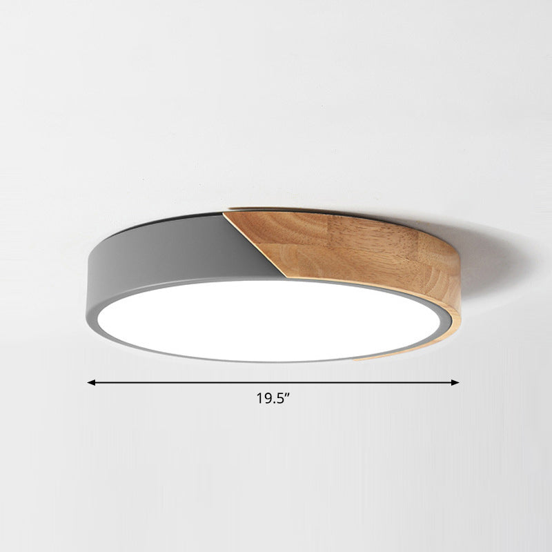 Macaron Ceiling Lighting Round LED Flush Mounted Lamp with Acrylic Shade and Wood Decoration