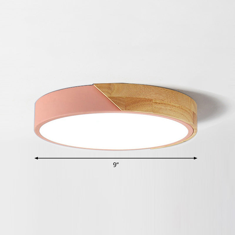 Macaron Ceiling Lighting Round LED Flush Mounted Lamp with Acrylic Shade and Wood Decoration