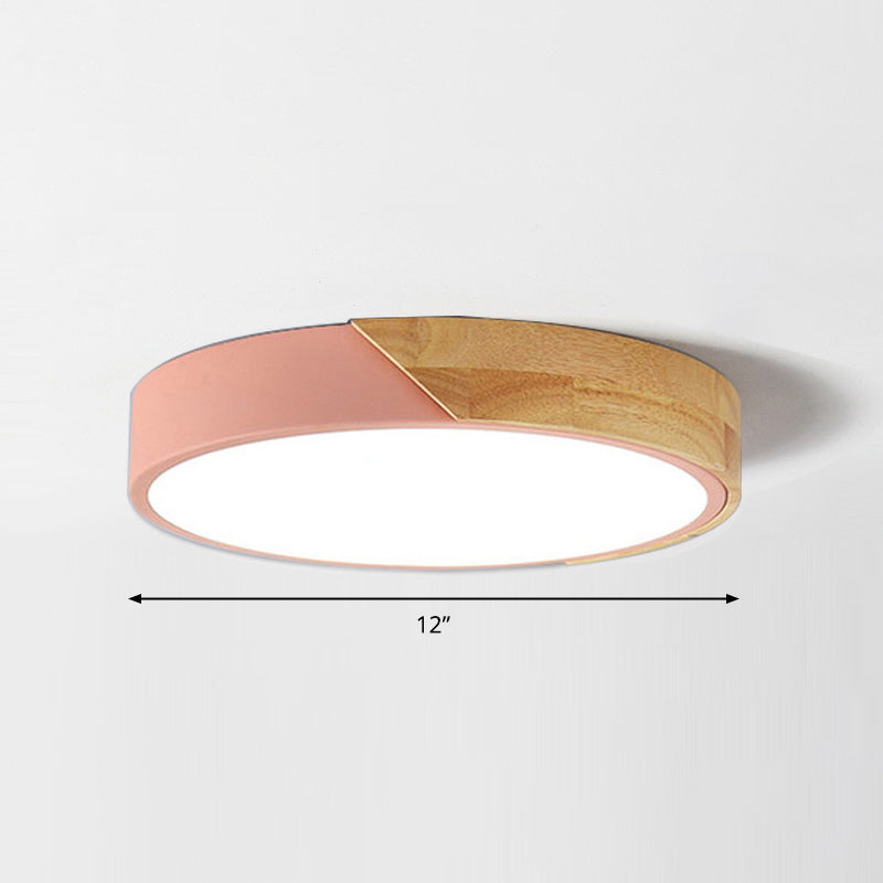 Macaron Ceiling Lighting Round LED Flush Mounted Lamp with Acrylic Shade and Wood Decoration