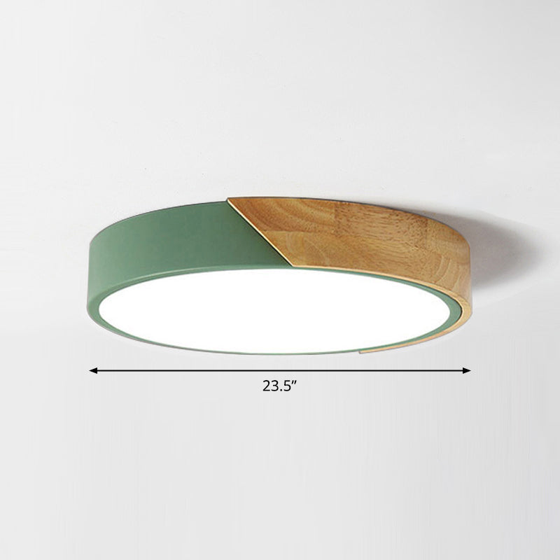 Macaron Ceiling Lighting Round LED Flush Mounted Lamp with Acrylic Shade and Wood Decoration
