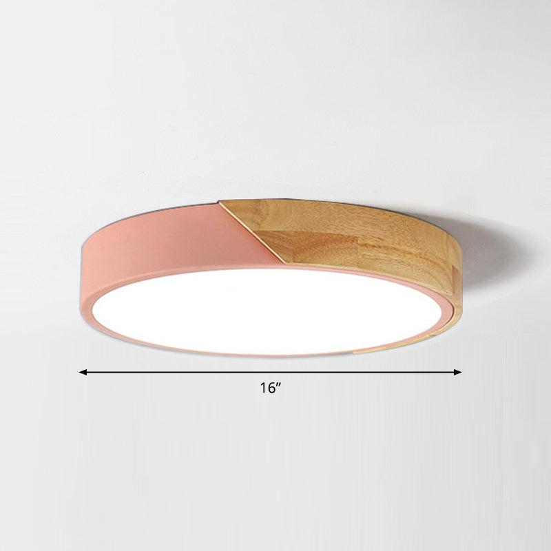 Macaron Ceiling Lighting Round LED Flush Mounted Lamp with Acrylic Shade and Wood Decoration