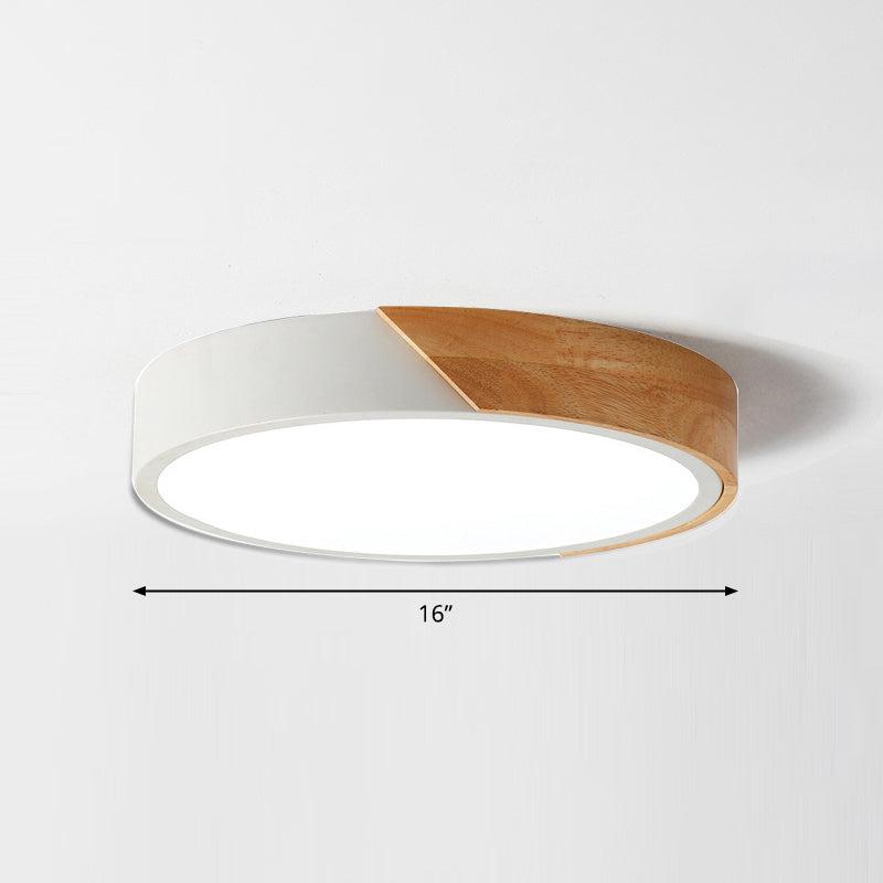 Macaron Ceiling Lighting Round LED Flush Mounted Lamp with Acrylic Shade and Wood Decoration