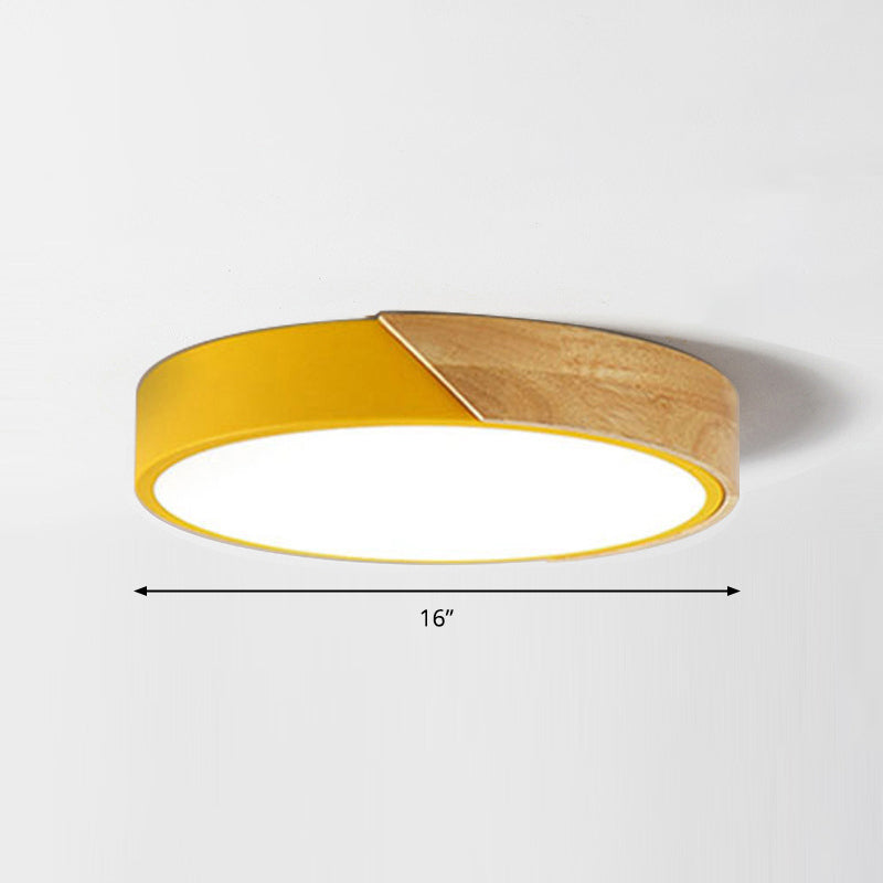 Macaron Ceiling Lighting Round LED Flush Mounted Lamp with Acrylic Shade and Wood Decoration