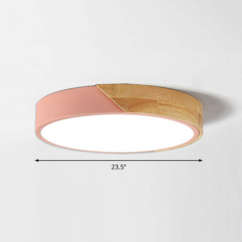 Macaron Ceiling Lighting Round LED Flush Mounted Lamp with Acrylic Shade and Wood Decoration