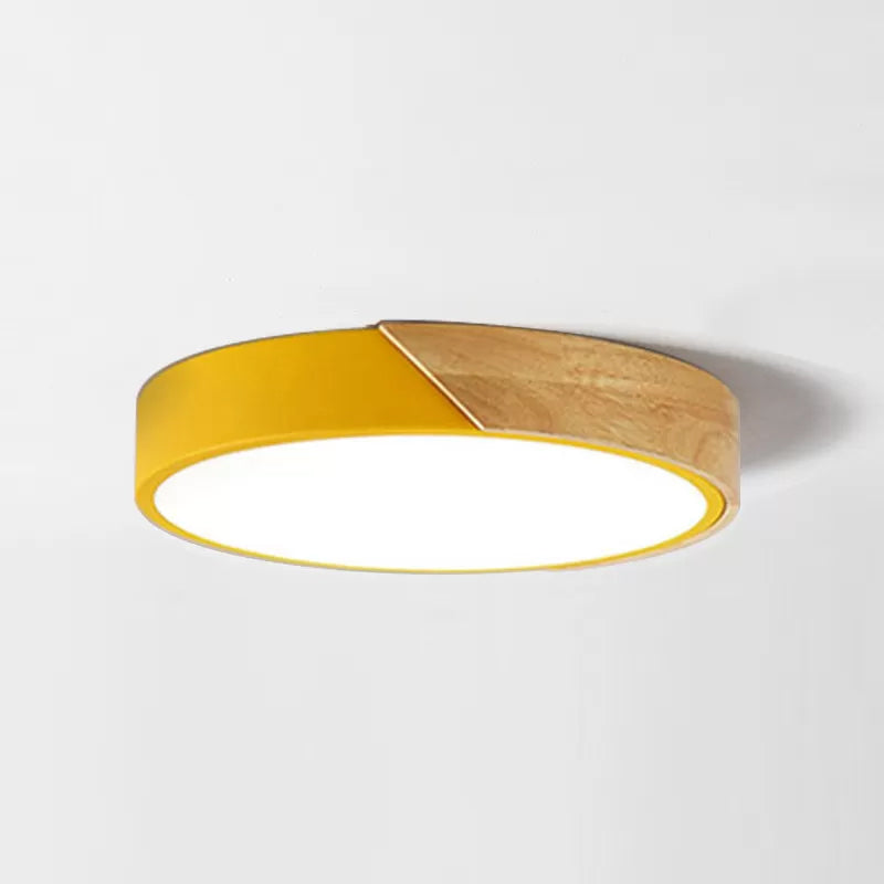 Macaron Ceiling Lighting Round LED Flush Mounted Lamp with Acrylic Shade and Wood Decoration