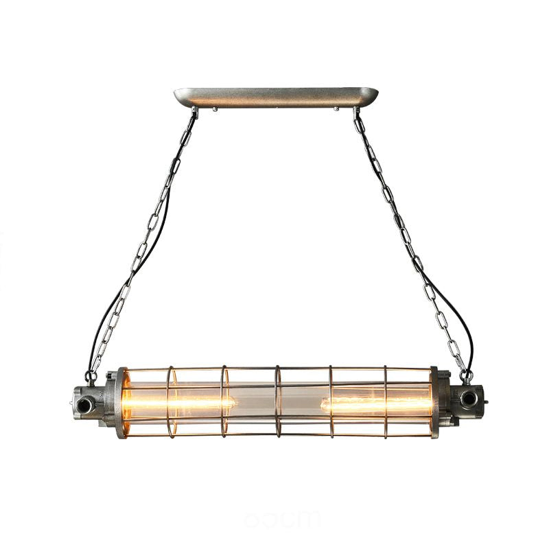 Cage cylindrique Cage à LED LED Éclairage de pendentif en métal industriel en argent industriel avec teinte en verre transparent intérieur