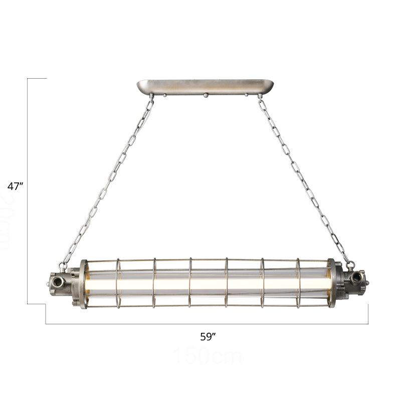 Cage cylindrique Cage à LED LED Éclairage de pendentif en métal industriel en argent industriel avec teinte en verre transparent intérieur