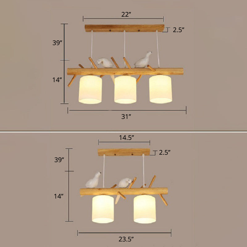 Opal Glass Cylinder Pendant Light Nordic Wood Island Light with Resin Bird Decor