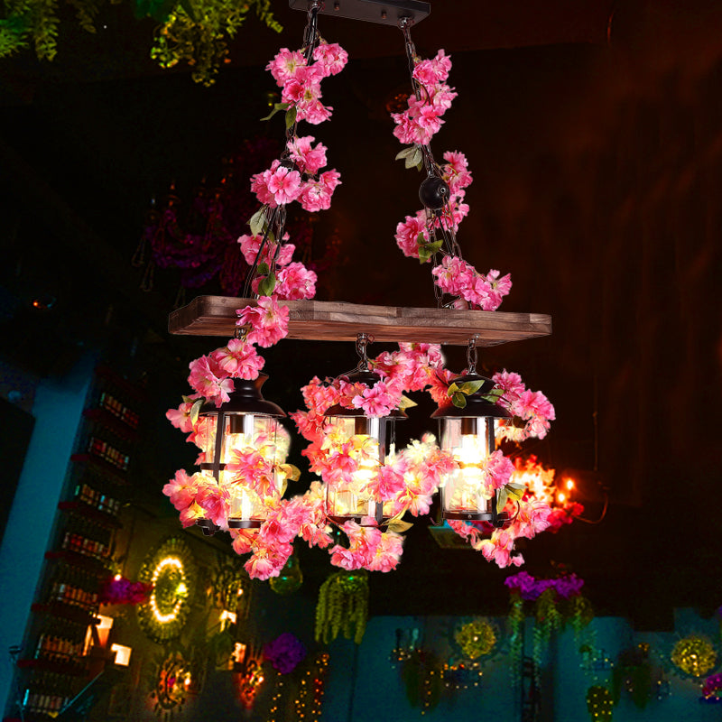 Clear Glass Cylindrical Ceiling Hanging Lantern Industrial 3 Heads Restaurant Island Light with Art Plant Deco