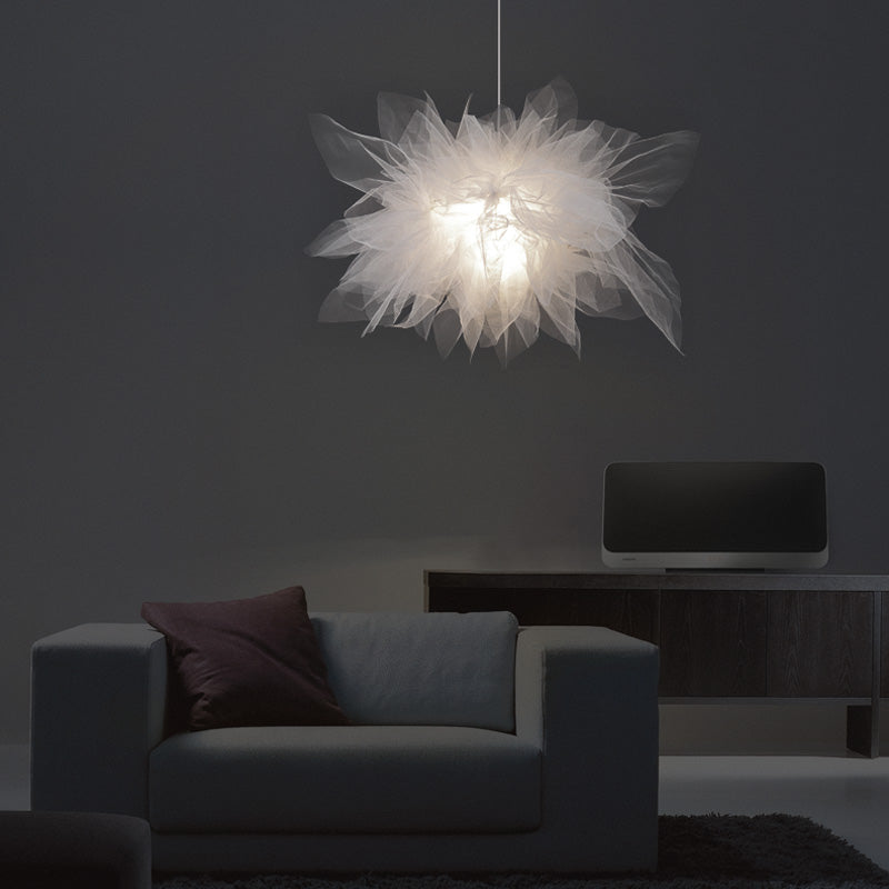Floral Tulle Hanging Light Fixture Nordic 1-Light White Pendant Lamp for Living Room