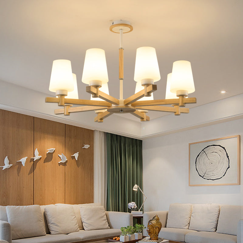 Milk Glass Tapered Chandelier Modern Wood Suspension Light Fixture for Living Room