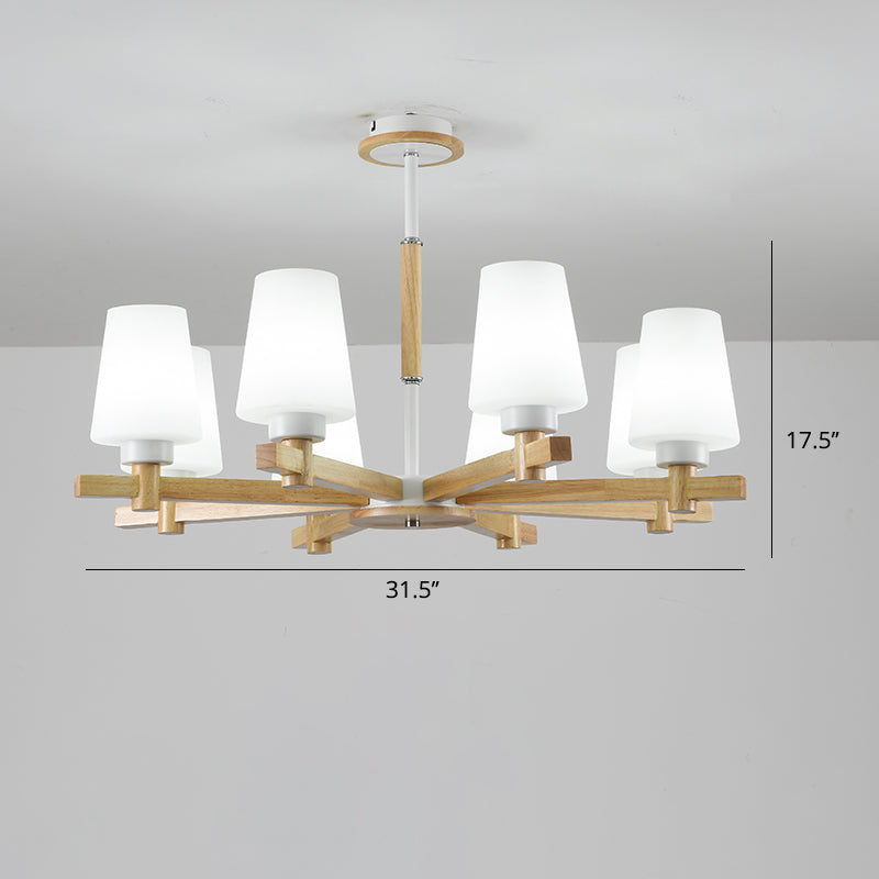 Milk Glass Tapered Chandelier Modern Wood Suspension Light Fixture for Living Room