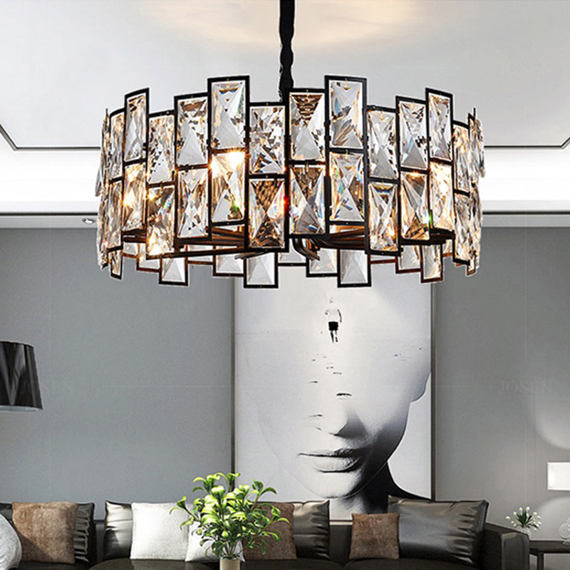 6-Light Living Room Chandelier Modern Black Pendant Light with Drum Crystal Shade