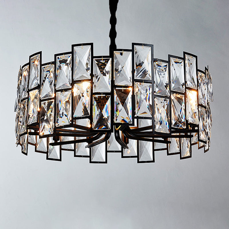 6-Light Living Room Chandelier Modern Black Pendant Light with Drum Crystal Shade