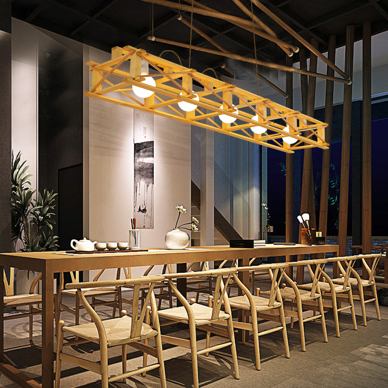 Rectangular Cage Island Lamp Contemporary Wooden Restaurant Hanging Light in Beige