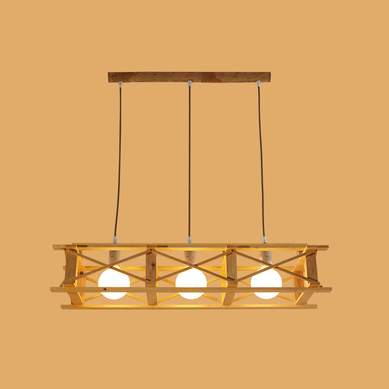 Rectangular Cage Island Lamp Contemporary Wooden Restaurant Hanging Light in Beige