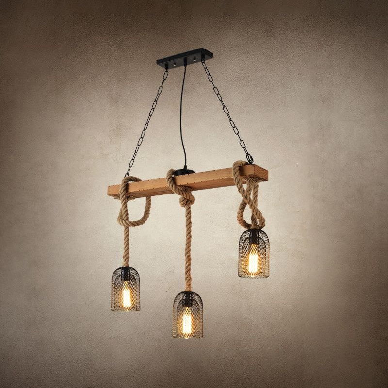 Countryside Mesh Hanging Pendant Lamp Metal Island Lighting with Rope Cord in Wood
