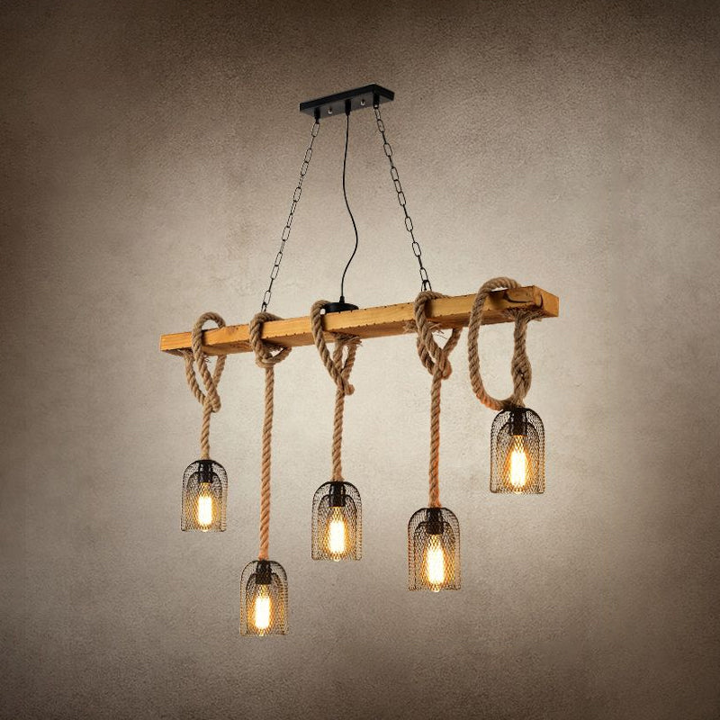 Mesh de campagne suspendue pendante éclairage îlot métallique avec cordon de corde en bois