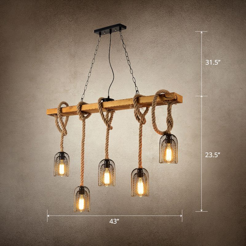 Countryside Mesh Hanging Pendant Lamp Metal Island Lighting with Rope Cord in Wood