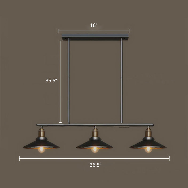 Cone Shade Restaurant Island Lamp Warehouse Style Metal 3 Heads Black Pendant Light