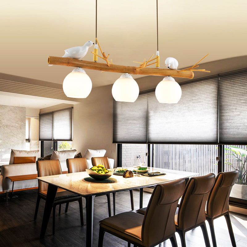 Dome Island Light Fixture Modern Cream Glass Wood Pendant Light with White Bird Deco