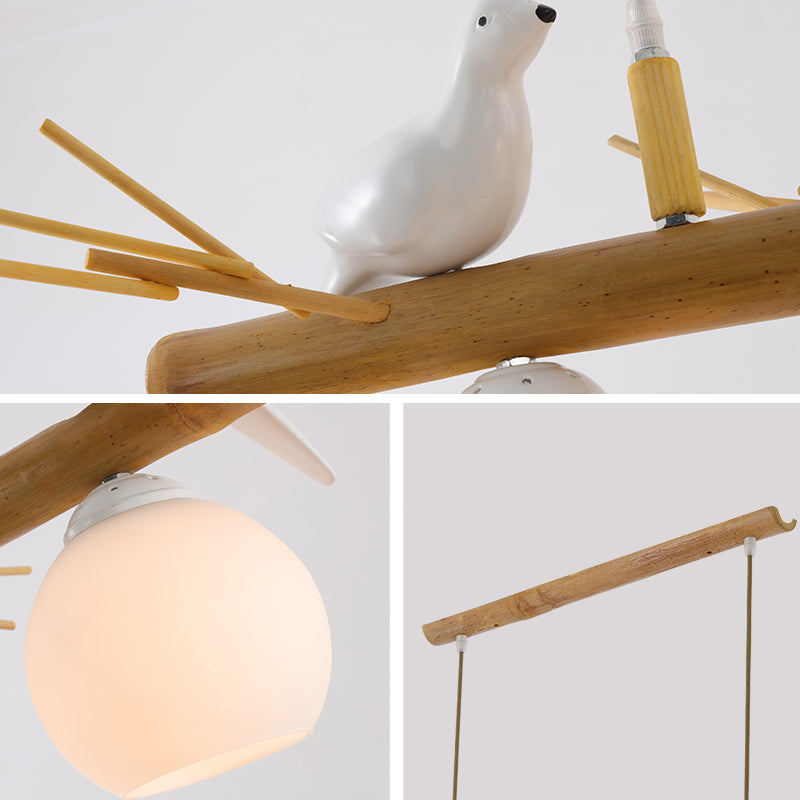 Dome Island Light Fixture Modern Cream Glass Wood Pendant Light with White Bird Deco