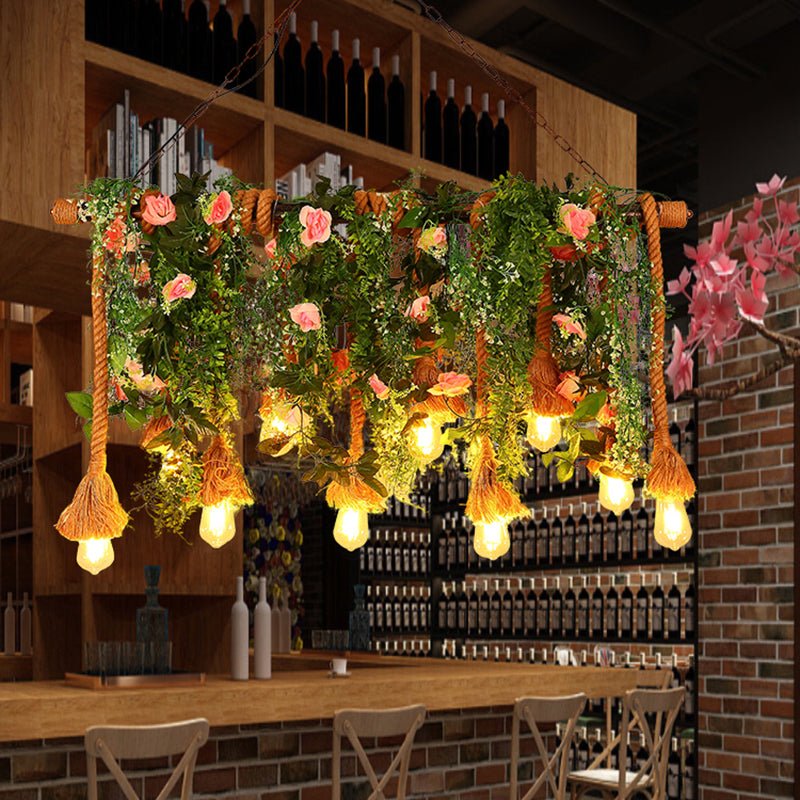 10-Head Exposed Bulb Hanging Lamp Lodge Brown Hemp Rope Island Light with Green Plant Decoration
