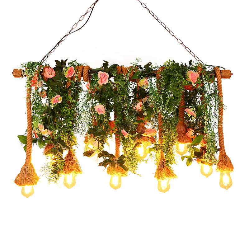 10-Head Exposed Bulb Hanging Lamp Lodge Brown Hemp Rope Island Light with Green Plant Decoration