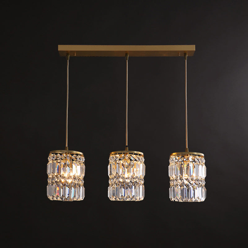 Crystal Cylindrical Multi Light Pendant Minimalist 3-Light Gold Hanging Light Fixture for Dining Room
