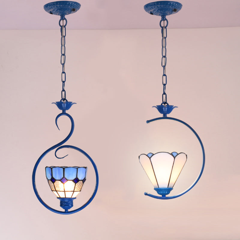 Blue Ring Pendulum Light Vintage 1 Head Tiffany Glass Pendant Ceiling Lamp for Bedroom