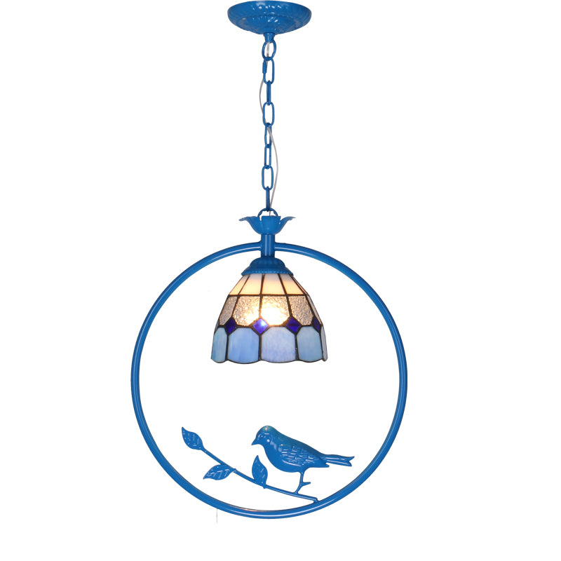 Blue Ring Pendulum Light Vintage 1 Head Tiffany Glass Pendant Ceiling Lamp for Bedroom